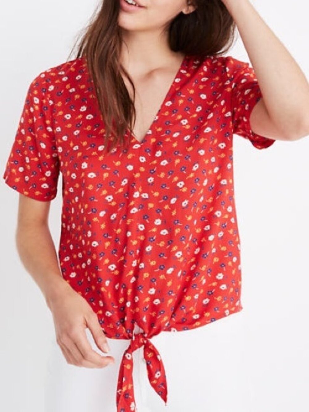 Madewell XS tie-front top in prairie posies red floral V-neck cute blouse